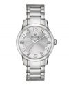 Steel and diamond accents make for an icy accessory, by Bulova. Watch features stainless steel bracelet and round case. Silvertone sunray dial with alternating Arabic numerals and hand-set diamond accents at markers, logo and silvertone hands. Quartz movement. Water resistant to 30 meters. Three-year limited warranty.