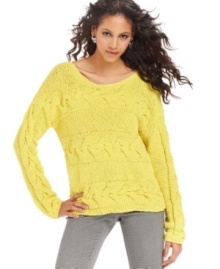 A hot layering piece, this Bar III cable-knit sweater is perfect for a bright fall look!