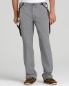 Classic straight leg pant in soft cotton, with affixed suspenders, to be worn up, down or not at all.