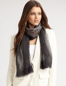 Cashmere blend scarf designed with pointillism dot technique. About 28 X 71 38% cashmere/32% silk/30% wool Dry clean Made in Italy Cashmere blend scarf designed with pointillism dot technique. About 28 X 71 38% cashmere/32% silk/30% wool Dry clean Made in Italy