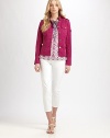 Iconic Tory Burch buttons adorn this twill jacket with convenient patch pockets and a chic, shrunken fit. Stand collarEpaulettesButton closurePatch pocketsPrincess seamsAbout 21 from shoulder to hemCotton/spandexDry cleanImportedSIZE & FIT Model shown is 5'10(177cm) wearing a US size Small. 