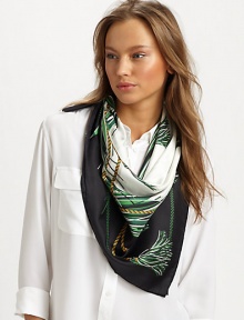 An elegant style with a colorful horse string print in luxurious silk. SilkAbout 35½ X 35½Dry cleanMade in Italy An elegant style with a colorful horse string print in luxurious silk. SilkAbout 35½ X 35½Dry cleanMade in Italy