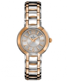 Accents of rose-gold lend playful sophistication to the classic styling of this steel Bulova watch. Accents of rose-gold lend playful sophistication to the classic styling of this steel Bulova watch.