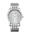 A burst of luxury to make each day a bit more indulgent, by Bulova. Watch crafted from stainless steel bracelet and round case. Intricate silvertone sunray dial features stick indices, date window at three o'clock and logo. Quartz movement. Water resistant to 30 meters. Three-year limited warranty.