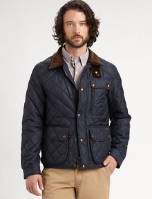 Warm quilted design with corduroy accents and leather trimmed pockets.Front zipper with snap placketCorduroy collar with neck tabSnap flap and zippered chest pocketLeather-trimmed snap-flap pocketsCorduroy-lined cuffs with snap tabsAdjustable snap tabs on the sidesBack snap vents at hemInside welt pocketNylon liningPolyester fillAbout 26 from shoulder to hemPolyesterDry cleanImported Warm quilted design with corduroy accents and leather trimmed pockets.Front zipper with snap placketCorduroy collar with neck tabSnap flap and zippered chest pocketLeather-trimmed snap-flap pocketsCorduroy-lined cuffs with snap tabsAdjustable snap tabs on the sidesBack snap vents at hemInside welt pocketNylon liningPolyester fillAbout 26 from shoulder to hemPolyesterDry cleanImported