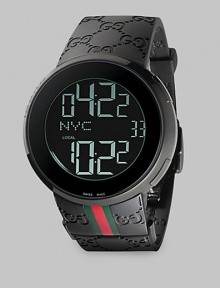 From the I-Gucci Collection. For jet setters and net surfers, a smart, sporty timepiece that lets you track two time zones at once, displaying them with digital grace. Swiss digital movement 44mm black PVD case Black embossed logo strap with signature color band Black dial with digital display, including date Water-resistant to 3ATM Imported