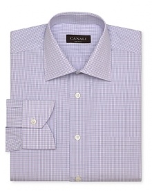 With its tasteful check print and contemporary fit, make this handsome dress shirt from Canali the cornerstone of your sophisticated dress attire. With its tasteful check print and contemporary fit, make this handsome dress shirt from Canali the cornerstone of your sophisticated dress attire.