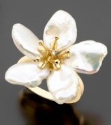 This stunning ring combines exotic style with a touch of romance. Featuring cultured freshwater keishi pearls (8-9mm) and diamond accents set in 14k gold. Flower measures approximately 1 inch.