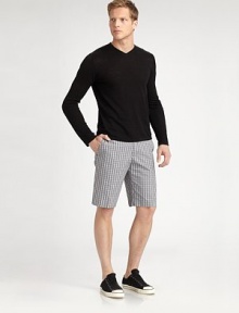 Crisp, cool style you'll want to wear all summer long, shaped in a distinctive, check-print in soft, breathable cotton, with a hint of stretch.Flat-front styleSide slash, back welt pocketsInseam, about 1099% cotton/1% elastaneMachine washImported Crisp, cool style you'll want to wear all summer long, shaped in a distinctive, check-print in soft, breathable cotton, with a hint of stretch.Flat-front styleSide slash, back welt pocketsInseam, about 1099% cotton/1% elastaneMachine washImported