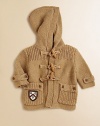 Featuring quintessential prep school style, this knit cardigan is made complete with an attached hood and wooden-toggle closures along the front.Attached hoodLong sleeves with adjustable button tabFront toggle closureButton-flap patch pockets70% cotton/30% wool spandexDry cleanImported Please note: Number of buttons may vary depending on size ordered. 