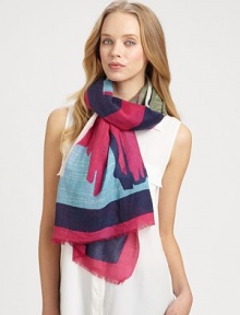 Luxurious cashmere/silk design in an abstract cactus print with fringed edge.70% cashmere/30% silkAbout 28 X 80Dry cleanImported Luxurious cashmere/silk design in an abstract cactus print with fringed edge.70% cashmere/30% silkAbout 28 X 80Dry cleanImported