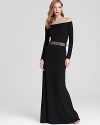 Long and lean, Halston Heritage's off-the-shoulder dress lends a dramatic look to the evening's events.