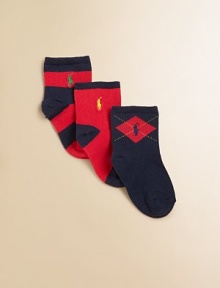 Three distinctive pairs of sporty, cotton-rich socks share a bold palette, one stripe, one argyle and one solid.Ribbed cuffEmbroidered contrast polo player logo82% cotton/17% nylon/1% spandexMachine washImported Three distinctive pairs of sporty, cotton-rich socks share a bold palette, one stripe, one argyle and one solid.Ribbed cuffEmbroidered contrast polo player logo82% cotton/17% nylon/1% spandexMachine washImported
