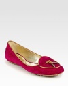 Sophisticated suede flat with rich leather trim and logoed metal-tip ties. Suede upperLeather liningRubber solePadded insoleMade in ItalyOUR FIT MODEL RECOMMENDS ordering true size. 