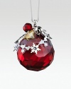 A cheery, faceted crystal sphere in holiday red, sweetly adorned with silvertone shapes and a tiny jingle bell.CrystalSilvertoneAbout 1.5H X 1.25WMade in Austria