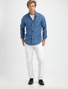 Soft cotton chambray works the night shift, thanks to its subtle sheen and trim, modern fit.Point collarButton frontTwo buttoned chest pocketsLong sleevesShirttail hemCottonMachine washImported Soft cotton chambray works the night shift, thanks to its subtle sheen and trim, modern fit.Point collarButton frontTwo buttoned chest pocketsLong sleevesShirttail hemCottonMachine washImported
