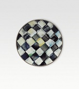 A charming enamelware design pairs perfectly with a cup of coffee or tea, handpainted checkerboard juxtaposition of ivory and onyx with bronzed stainless steel trim. Enameled steel 6 diam. Dishwasher safe Made in USA 