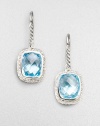 From the Noblesse Collection. A squared drop of faceted blue topaz, framed by sparkling diamonds, hangs from a cable of sterling silver. Diamonds, 0.42 tcw Blue topaz Sterling silver Drop, about ½ Ear wire Imported