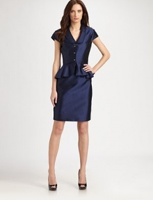 Rhinestone buttons and a ruffled peplum lend flair to this ultra-feminine ensemble.Shawl lapelsCap sleevesRhinestone button closuresRuffled peplumTopstiched edgesConcealed side zip on skirtBack skirt ventFully linedAbout 24 from natural waist44% silk/28% cotton/28% rayonDry cleanImportedModel shown is 5'10½ (179cm) wearing US size 4. Rhinestone buttons and a ruffled peplum lend flair to this ultra-feminine ensemble.Shawl lapelsCap sleevesRhinestone button closuresRuffled peplumTopstiched edgesConcealed side zip on skirtBack skirt ventFully linedAbout 24 from natural waist44% silk/28% cotton/28% rayonDry cleanImportedModel shown is 5'10½ (179cm) wearing US size 4.