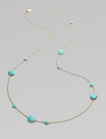 From the Lollipop Collection. Multi-sized, turquoise cabochons, elegantly placed on either side of a radiant, 18k gold chain. Turquoise 18k gold Length around neck, about 37 Diameter, about ¼ - ½ Lobster clasp ImportedPlease note: Due to the characteristics of natural stone, color and pattern may vary slightly. From the Lollipop Collection. Multi-sized, turquoise cabochons, elegantly placed on either side of a radiant, 18k gold chain. Turquoise 18k gold Length around neck, about 37 Diameter, about ¼ - ½ Lobster clasp ImportedPlease note: Due to the characteristics of natural stone, color and pattern may vary slightly.