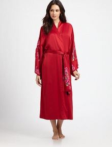 Magnificent floral embroidery amplifies the luxury of this present-perfect satin robe.Classic wrap stylingSelf sashLong sleevesEmbroidery on sleeves and sashAbout 49 longPolyesterMachine washImported Magnificent floral embroidery amplifies the luxury of this present-perfect satin robe.Classic wrap stylingSelf sashLong sleevesEmbroidery on sleeves and sashAbout 49 longPolyesterMachine washImported