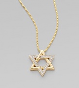 A sparkling, Star of David pendant on a 18k gold box chain necklace. Diamonds, 0.13 tcw18k goldPendant size, about ¾Length, about 16 to 18 adjustableLobster clasp closureImported 