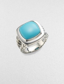From the Albion Collection. A brilliantly colored cushion of turquoise sits within a smooth setting and split cable band of sterling silver. Turquoise Sterling silver About ¾ square Made in USA From the Albion Collection. A brilliantly colored cushion of turquoise sits within a smooth setting and split cable band of sterling silver. Turquoise Sterling silver About ¾ square Made in USA