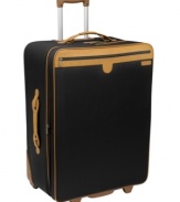 Love at first flight. Looks smart and packs smart for smooth travel, this durable suitcase expands up to 2 to make even more room for your essentials. A versatile design you won't want to leave home without features an exterior easy-access pocket for airport necessities, restraining straps to hold clothes securely, mesh pockets for organization and a removable garment sleeve for organized trips. Lifetime warranty.