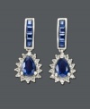 Dramatic dangling earrings are just the finishing touch. These royalty-inspired earrings feature pear-cut and square-cut sapphire (2-1/2 ct. t.w.) and round-cut diamond (1/4 ct. t.w.). Set in 14k white gold. Approximate drop: 1 inch.