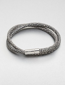 A double strand of fine Italian leather in a unique stingray pattern is offset by a sterling silver cylindrical clasp.LeatherSterling silverAbout 2½ diam.Made in the United Kingdom A double strand of fine Italian leather in a unique stingray pattern is offset by a sterling silver cylindrical clasp.LeatherSterling silverAbout 2½ diam.Made in the United Kingdom