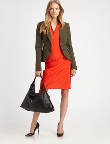Flap pockets, elbow patches and a back vent add a touch of equestrian-chic to this fitted, cotton-rich jacket. Notched lapelButton frontLong sleeves with buttoned cuffsElbow patchesFront besom pockets; flap pocketsBack ventFully linedAbout 22 from shoulder to hem97% cotton/3% polyurethaneDry cleanImportedModel shown is 5'10 (177cm) wearing US size 2. Flap pockets, elbow patches and a back vent add a touch of equestrian-chic to this fitted, cotton-rich jacket. Notched lapelButton frontLong sleeves with buttoned cuffsElbow patchesFront besom pockets; flap pocketsBack ventFully linedAbout 22 from shoulder to hem97% cotton/3% polyurethaneDry cleanImportedModel shown is 5'10 (177cm) wearing US size 2.