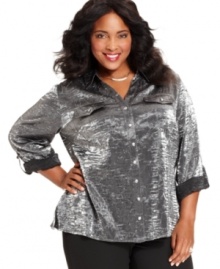 Look divine while you shine in Elementz' plus size shirt, featuring a metallic finish.