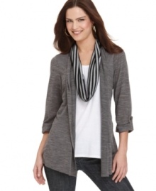 Elementz cuddles in the cutest faux cardigan with an attached inset tee and scarf for effortless wear-now layering.