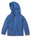 A pullover hoodie with cool patch pockets and henley placket from Pearls & Popcorn is comfy for lounging or out and about.