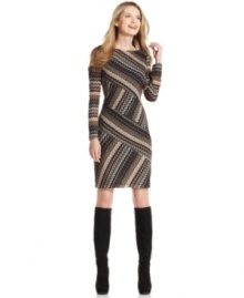 Look sharp this fall in Evan Picone's latest knit dress, fashioned in a stylish geometric-inspired pattern. Look sharp this fall in Evan Picone's latest knit dress, fashioned in a stylish geometric-inspired pattern.
