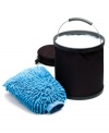 Compact car wash kit by Perfect Solutions includes an ultra-soft fringe wash mitt, collapsible bucket with carry handle, and a zip pouch to conveniently tuck away in the garage or vehicle.