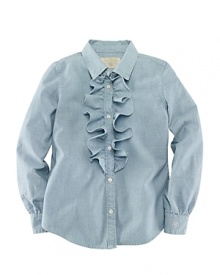 Inspired by the boys, this button-front chambray shirt gets a girlie makeover with a frilly ruffle trim along the front. Inspired by the boys, this button-front chambray shirt gets a girlie makeover with a frilly ruffle trim along the front.