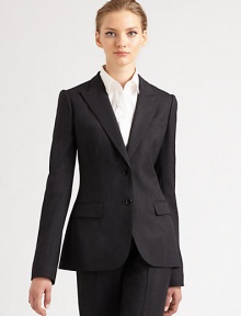 Sophisticated, menswear-inspired design is rendered in a sharp, pinstriped wool blend.Peaked lapelsButton frontFlap pocketsWelt pocketButton cuffsDouble back ventsAbout 26 from shoulder to hem62% virgin wool/18% cotton/16% nylon/4% elastaneDry cleanMade in Italy of imported fabric Model shown is 5'10 wearing US size 4. Sophisticated, menswear-inspired design is rendered in a sharp, pinstriped wool blend.Peaked lapelsButton frontFlap pocketsWelt pocketButton cuffsDouble back ventsAbout 26 from shoulder to hem62% virgin wool/18% cotton/16% nylon/4% elastaneDry cleanMade in Italy of imported fabric Model shown is 5'10 wearing US size 4.