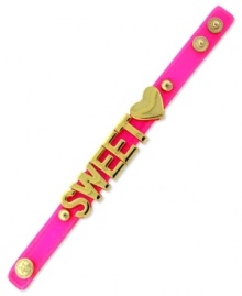 Sugary style. A chic neon pink leather bracelet from BCBGeneration with gold tone mixed metal letters and snaps. Approximate length: 8 inches.