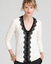 Delicate lace graces sumptuous cashmere for a decidedly romantic C by Bloomingdale's cardigan. Add rich, vibrant accessories to make the style come alive.