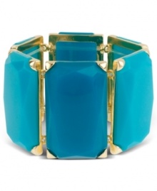 Perfect palette for summer. Haskell's cool teal bracelet is made of tonal acrylic beads in rectangular designs. Set in gold tone mixed metal. Stretches to fit wrist. Approximate length: 7 inches. Approximate width: 1-3/4 inches.