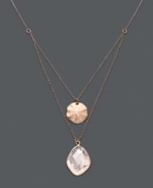 Add a touch of femininity in subtle blush-tone hues. Studio Silver's delicate two-row pendant features a rose quartz drop (15-1/2 ct. t.w.) and a polished disc. Crafted in 18k rose gold over sterling silver. Approximate length: 16 to 18 inches. Approximate drop: 3/4 inch. Add a touch of femininity in subtle blush-tone hues. Studio Silver's delicate two-row pendant features a rose quartz drop (15-1/2 ct. t.w.) and a polished disc. Crafted in 18k rose gold over sterling silver. Approximate length: 16 to 18 inches. Approximate drop: 3/4 inch.