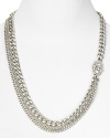 Work ABS by Allen Schwartz' signature soiree style in this layered chain necklace. With silvery chains and a cooly cut crystal station, these layered strands set off any neckline.