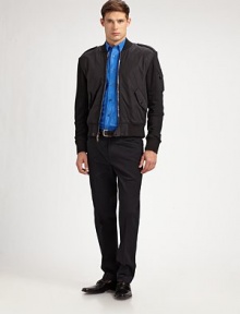 Channeling the functional elegance of high-performance gear, this trim-fitting stand-neck flight jacket is rendered in ultra-soft French terry cotton with silvertone metal hardware. Zip front Shoulder epaulets Waist welt, sleeve zip pockets Fully lined About 26 from shoulder to hem 95% cotton/5% nylon Dry clean Imported 