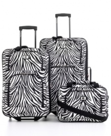 Go wild. Take control. This safari-style luggage set stands out in zebra stripes, mixing in handy travel features -- like expandability options on both uprights -- to carry you effortlessly to your next destination. Five-year warranty. Go wild. Take control. This safari-style luggage set stands out in zebra stripes, mixing in handy travel features -- like expandability options on both uprights -- to carry you effortlessly to your next destination. Five-year warranty.
