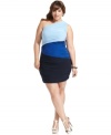 Rule the night in Soprano's one-shoulder plus size dress, finished by a colorblocked pattern.