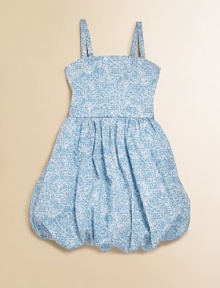 Bubbling over with cuteness, this colorful, floral frock is crafted in a stylish bubble silhouette.SquareneckRear elasticized strapsHidden side zipperFull skirtBubble hemFull linedCottonMachine washMade in the USA of imported fabric Bubbling over with cuteness, this colorful, floral frock is crafted in a stylish bubble silhouette.SquareneckRear elasticized strapsHidden side zipperFull skirtBubble hemFull linedCottonMachine washMade in the USA of imported fabric