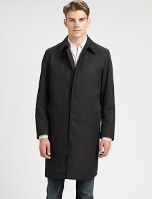 Sleek single-breasted styling in a water-resistant microfiber, a tailored all-weather staple.Point collarButton frontSlash pocketsAbout 40 from shoulder to hemMicro-polyesterDry cleanImported Sleek single-breasted styling in a water-resistant microfiber, a tailored all-weather staple.Point collarButton frontSlash pocketsAbout 40 from shoulder to hemMicro-polyesterDry cleanImported