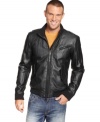 Keep it sleek. This faux leather jacket from DKNY Jeans is the ultimate cool-guy style.