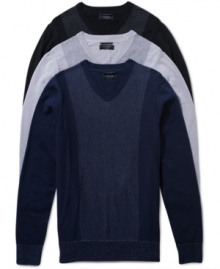 These contrast colored v-neck sweaters from Guess are a classic cold-weather must-have. These contrast colored v-neck sweaters from Guess are a classic cold-weather must-have.
